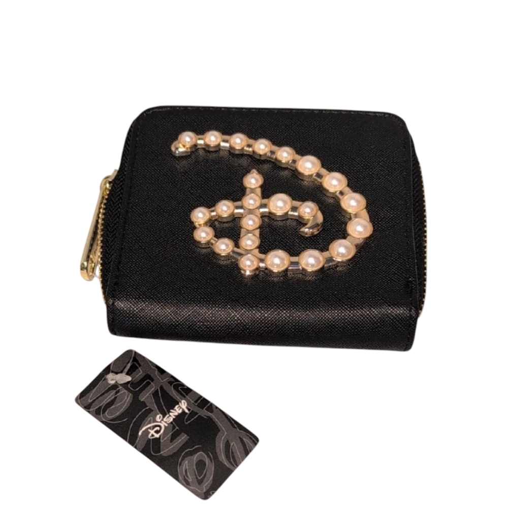 Buckle-Down Disney Signature D Logo Faux Pearls Zip Around Mini Wallet N…